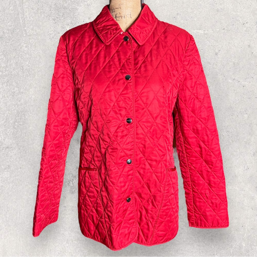 Burberry London Quilted Red Jacket Nova Check Size Medium Snap Coat Open Pockets